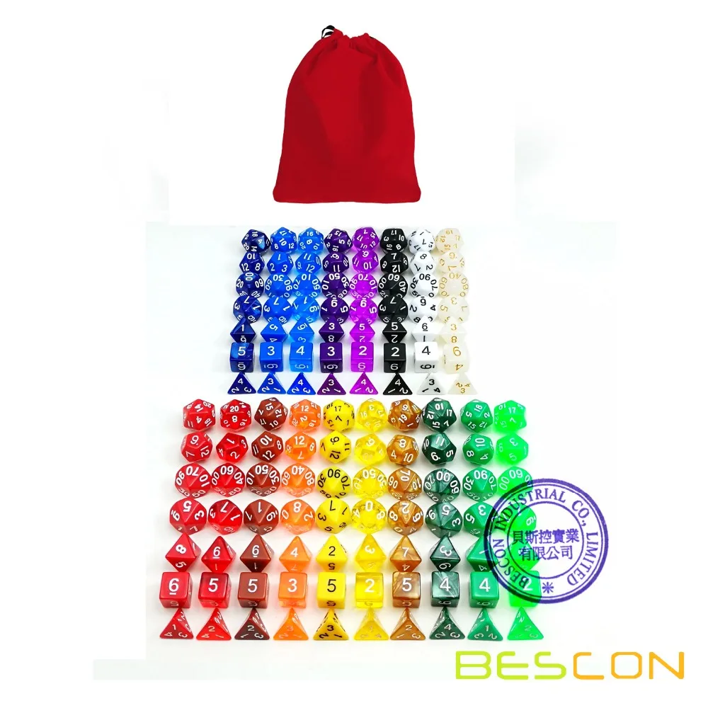 Bescon Multi-Colored RPG Dice Pack of 126 Polyhedral Dice 18 Complete Sets of 7 Dice 18 Different Colors - Red Velvet Bag Pack