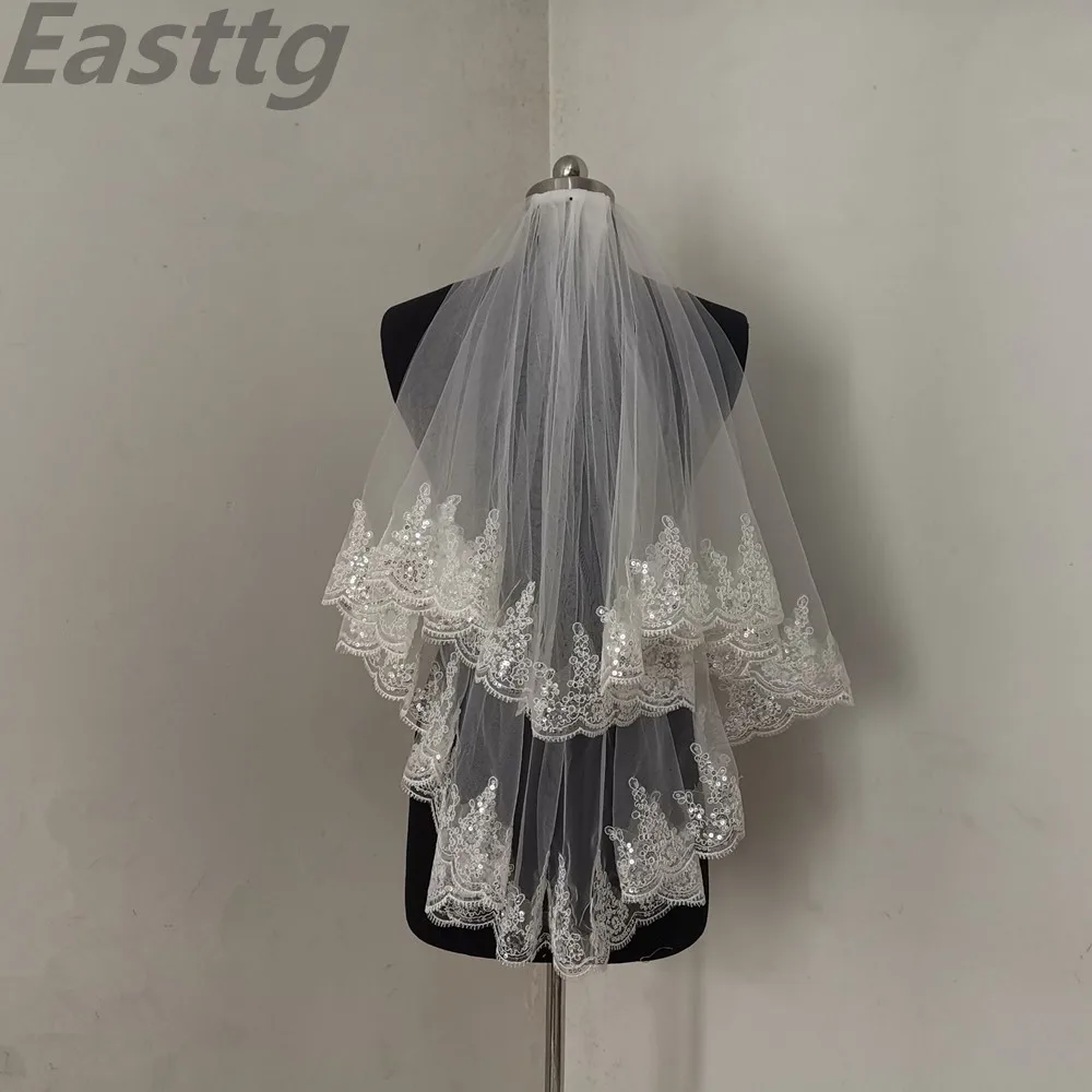 Easttg Weiß Elfenbein Mode Zwei Schicht Braut Schleier Tüll Hochzeit Schleier Mit Kamm Spitze Rand Hochzeit Zubehör Veu de Noiva