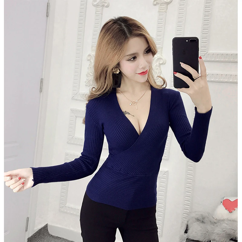 Spring 2023 Sexy Deep V-Neck Ladies Women\'s Pullover Casual Slim Bottoming Sweaters Female Elastic Cotton Long Sleeve Blue Tops