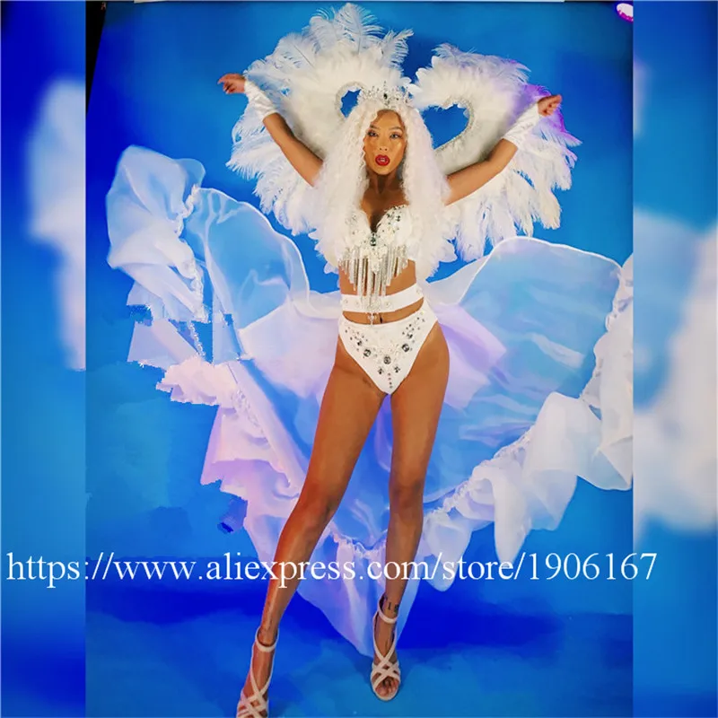 Catwalk Model Show Stage Dance Performance Wears White Feather Wings Sexy Lady Biniki Suit Grand Event Party Evening Dress Cloth