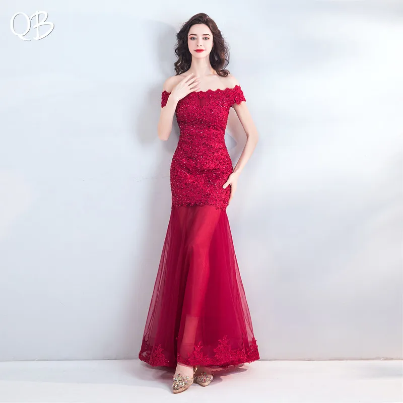 Wine Red Mermaid Cap Sleeve Tulle Lace Flowers Beaded Long Formal Sexy Evening Dresses Bride Banquet Party Prom Dress XS23