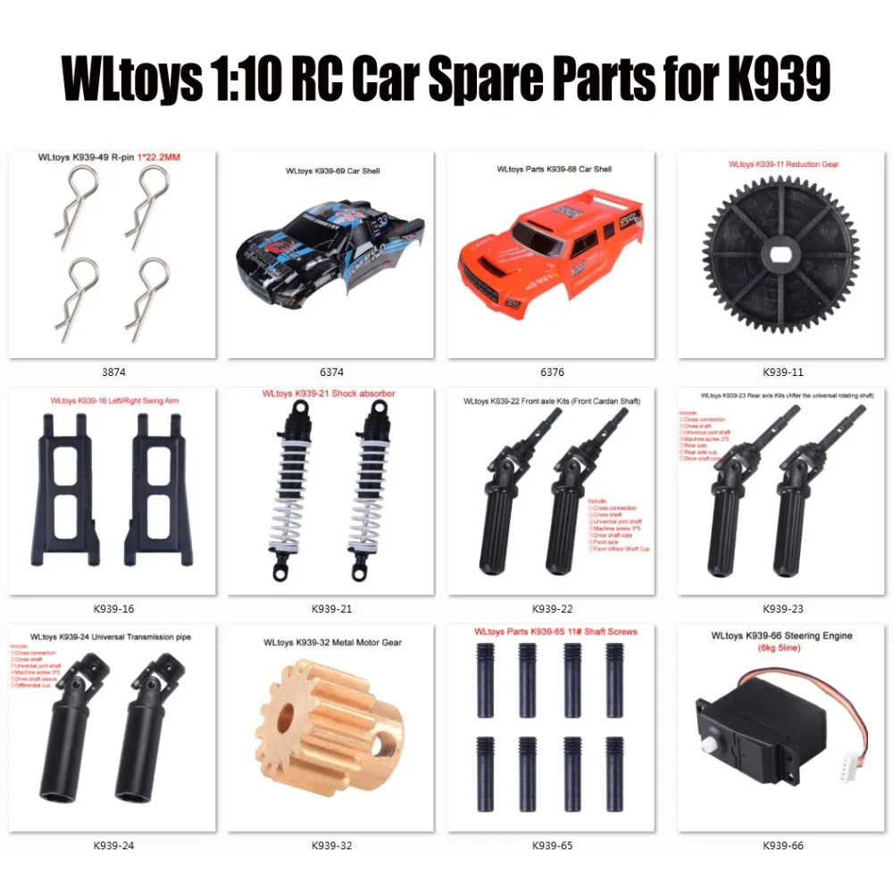 

WLtoys 1:10 RC Car Spare Parts Metal Motor Gear/R-Pin K939-65 Receiver board K939-16 Swing Arm K939-22 23 Front/Rear Axle Kits