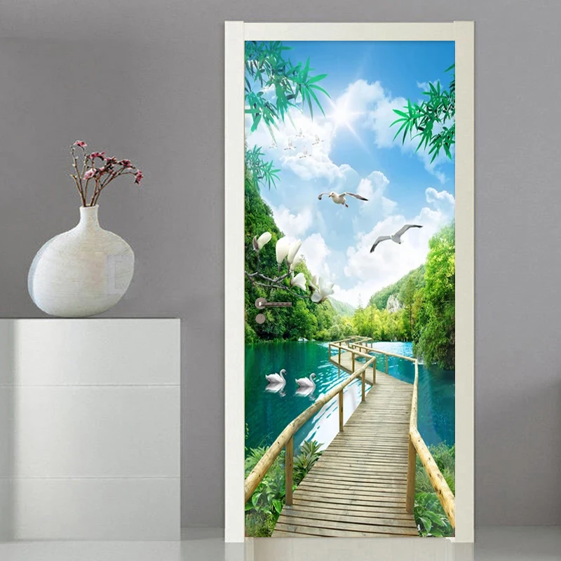 

PVC Self Adhesive 3D Door Wallpaper Nature Landscape Wooden Bridge Photo Wall Mural Door Sticker Living Room Home Decor Sticker