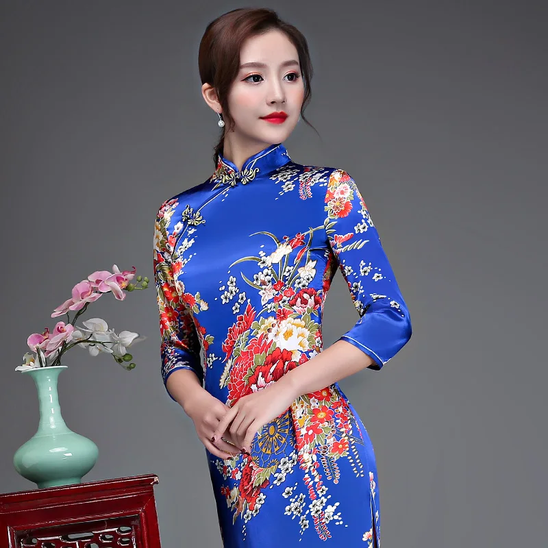 Old Shanghai Elegant Women Satin Qipao Slim 3/4 Sleeve Long Dress New Traditional Chinese Mandarin Collar Cheongsam Vestidos