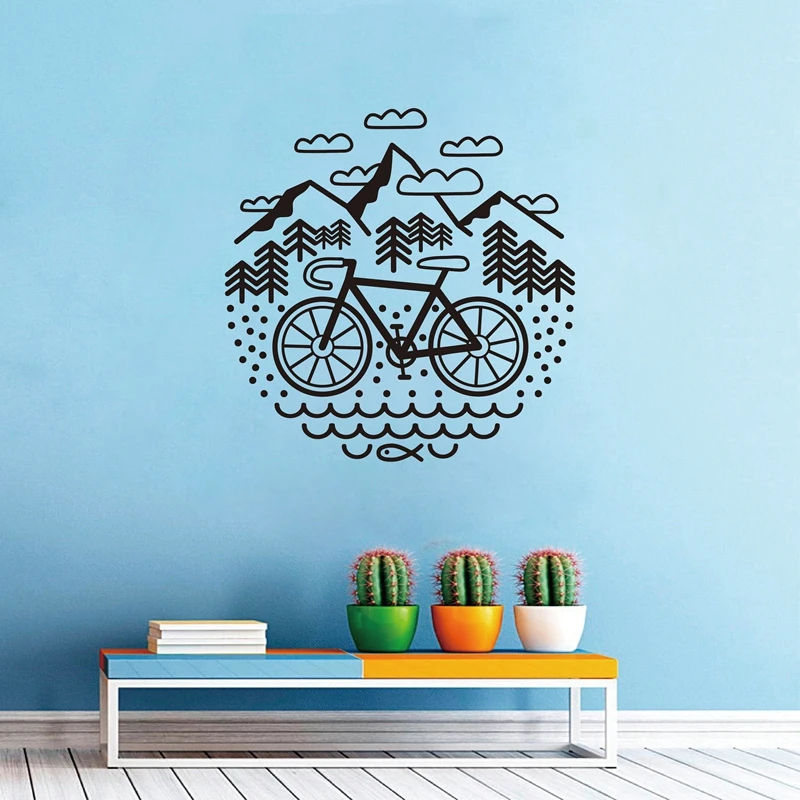 Bicycle and Mountains Wall Decal Cycling Gravel Bike Vinyl Wall Sticker Outdoor Cycling Wall Decor