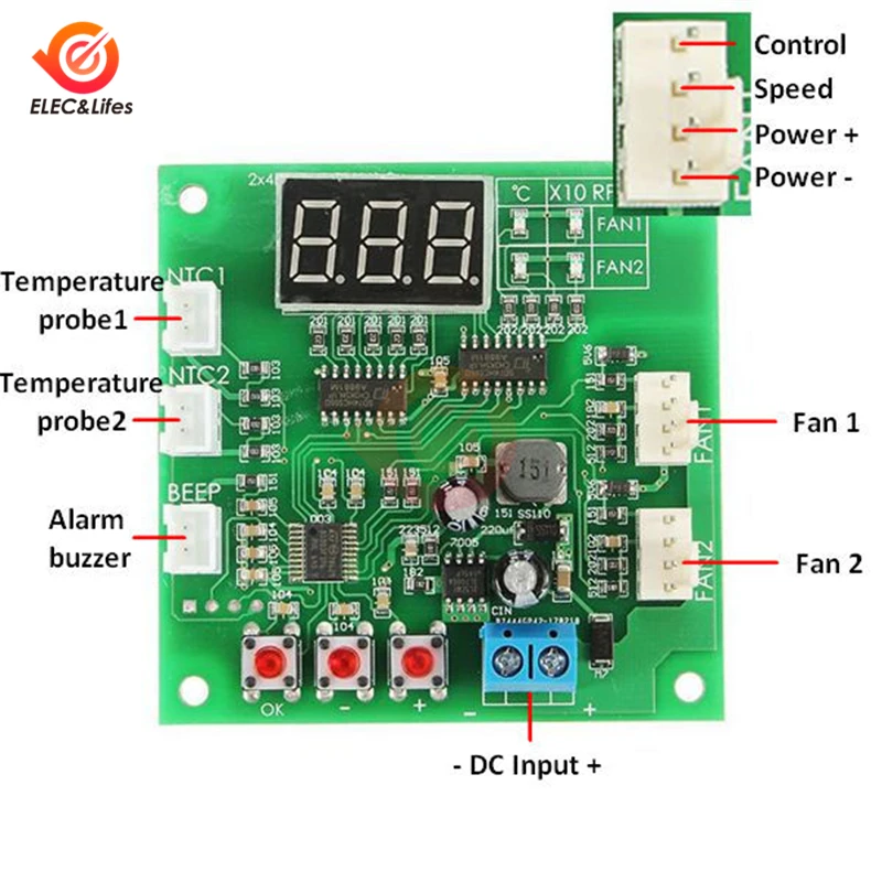 2 Way PWM LED Digital Fan temperature controller 12V 24V 48V temperature speed governor thermostat Regulator display alarm board