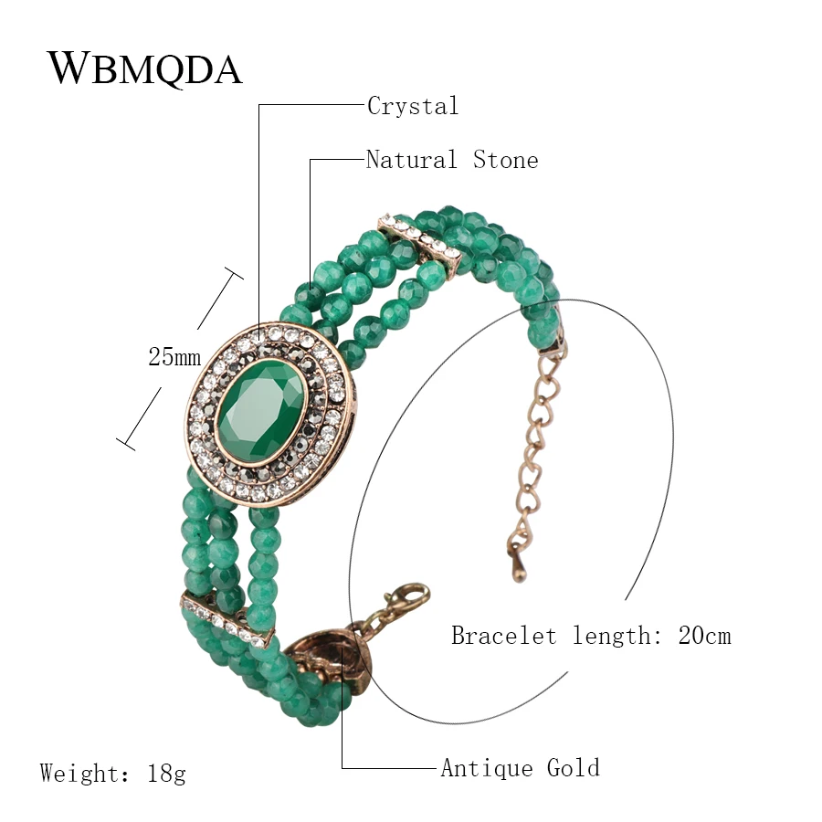 Wbmqda Luxury Green Natural Stone Bracelet For Women Antique Gold Crystal Hand Made Turkish Wedding Jewelry