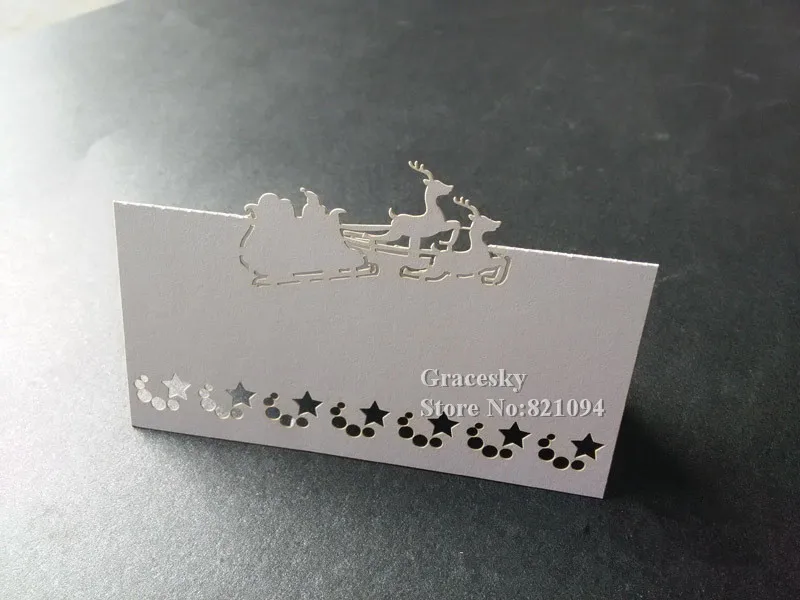 50pcs/lot free shipping laser die cut Sleigh with deer design Christmas invitation Table Name Cards for Party home Decoration