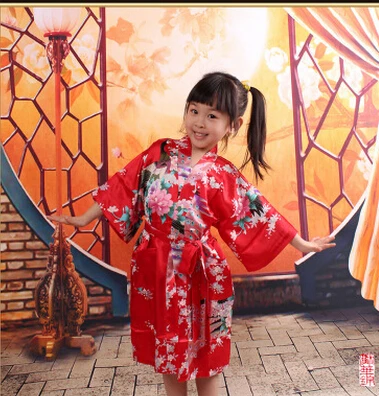 RB009 Peacock Kids Robe Satin Children Kimono Robes Bridesmaid Flower Girl Dress Silk children's bathrobe Nightgown Kimono robe