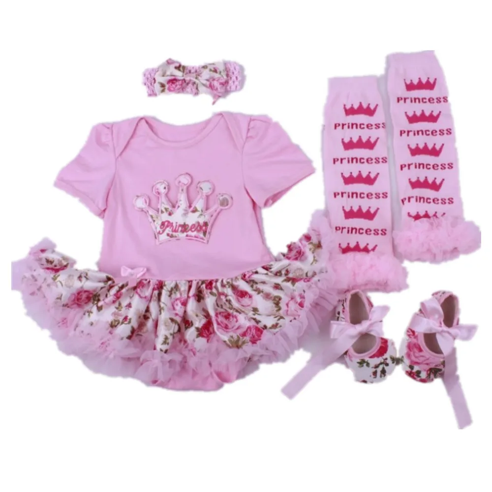 Floral Baby Girl Dress Suit Infant Bodysuit Leggings Shoe Headband 4pcs Set Princess Girls Ball Gown Jumpsuits Crown Outfit 0-2Y