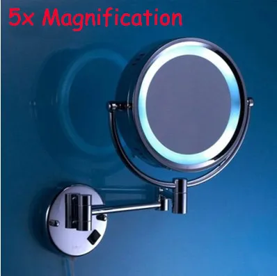 5X Magnification Led mirror brass cosmetic mirror wall mounted bathroom beauty mirror double faced retractable makeup mirror