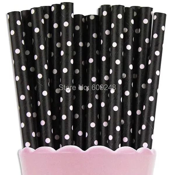 100 Pcs Mixed Colors Disposable Biodegradable Decorative Halloween Party White Swiss Dot Black Paper Straws