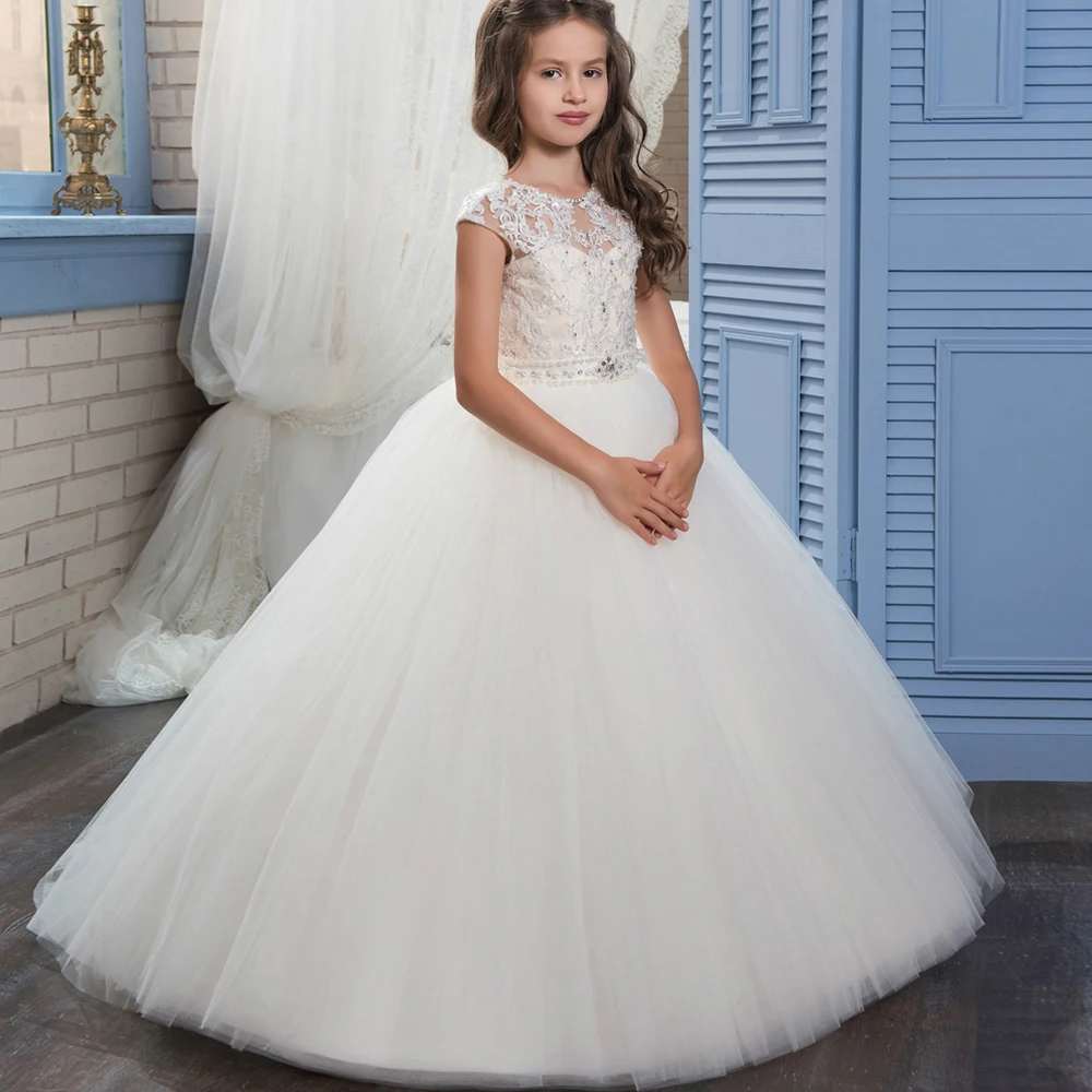 New Arrival ชุดเดรสดอกไม้สีขาวและงาช้าง O-Neck Beading Ball Gown Lace Up First Communion Gown Custom Hot