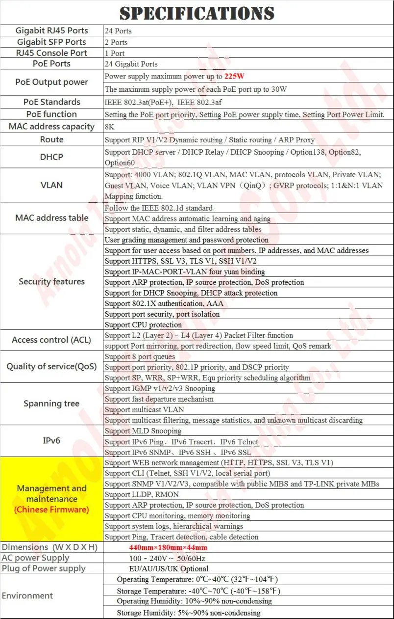 Chinese-Firmware 27 ports Network Management Switch 225W 1000M POE ports , Supply Power to Camera AP, With 2*SFP Ports, Sup PoE+