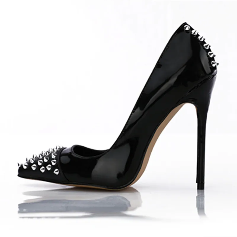 

Sexy designer women party dress shoes patent leather studded pumps fashion ladies pointed toe rivets spiked high heels