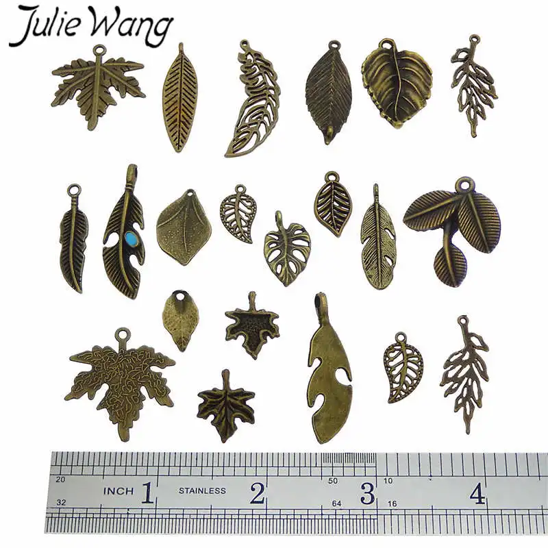 Julie Wang 10PCS Randomly Mix Vintage Leaves Charms Alloy Antique Bronze Leaf Bracelet Jewelry Making Pendant Accessory