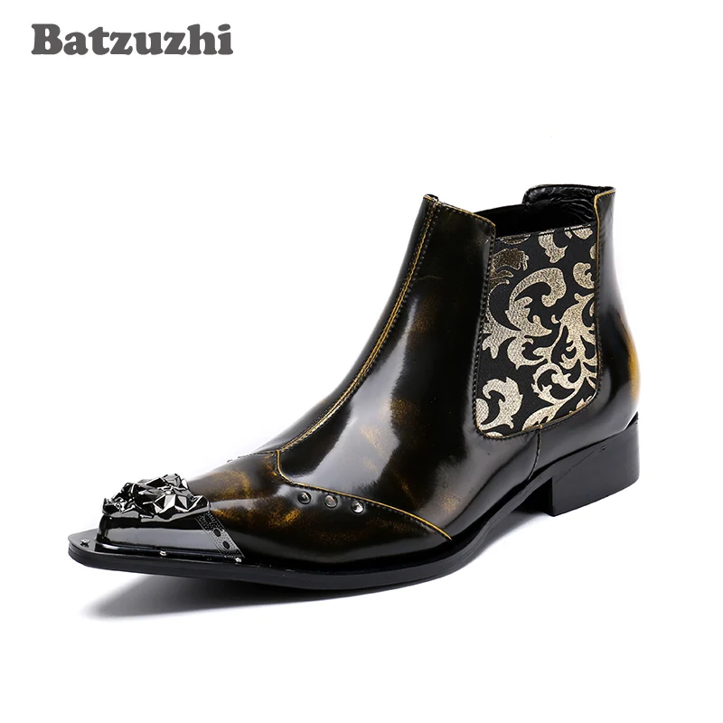 

Batzuzhi Italian Men Leather Boots Brown Ankle Pointed Metal Tip Men Dress Boots Botas Hombre Western Cowboy Shorty Boots Men!