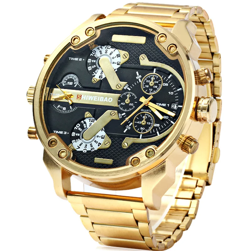 D3137 Gold Stainless Steel Band Quartz Watch For Men Luxury Shiweibao Mens Wrist Watches Man Military Relogio Masculino XFCS New