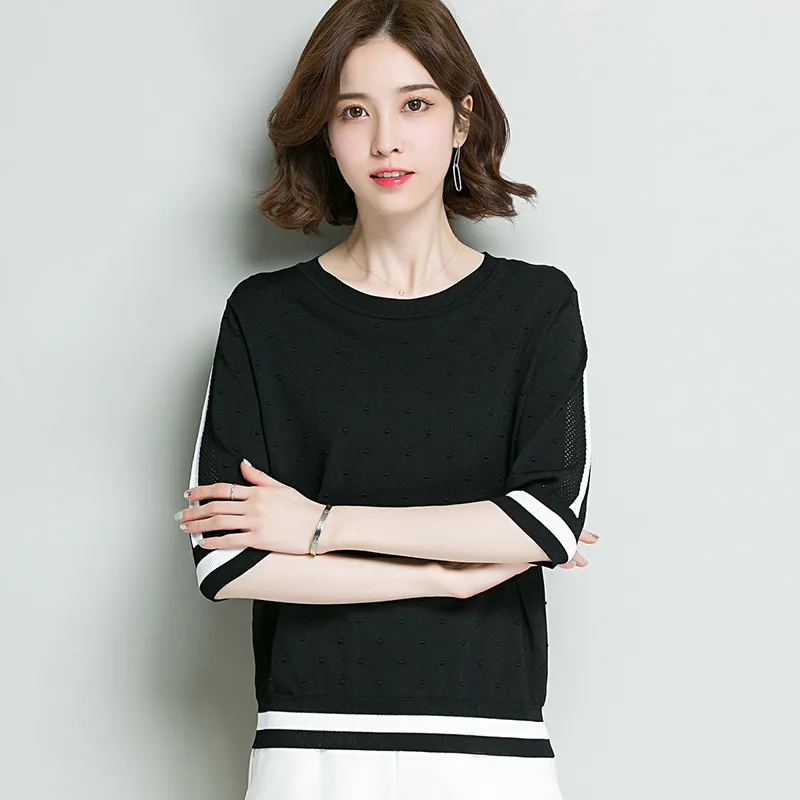 

New Women's Knitted Top Wear Round Collar Short Sleeve Korean Loose Female Bottoming T-shirt Casual Fashion Spring Tops H9214