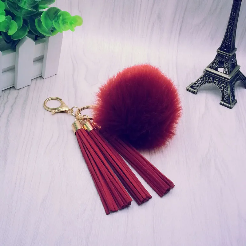 Women Tassel Fur Ball Key Chain with 3 Tassels and 8cm Pompom Plated Gold- For Car Keychain Bag Key Ring Jewelry 16012