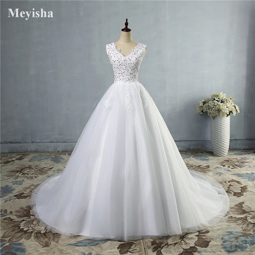 

ZJ9064-S 2024 White Ivory Gown Tulle Beads Crystal Beads V Neck Wedding Dresses Brush Sweep Train For Bride Dress Plus Size