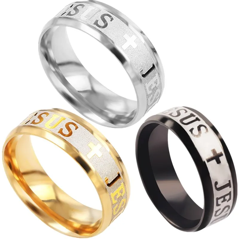 

QianBei 8MM 316L Stainless Steel Ring Cross I Love Jesus Women Men Wedding Party Xmas Gifts