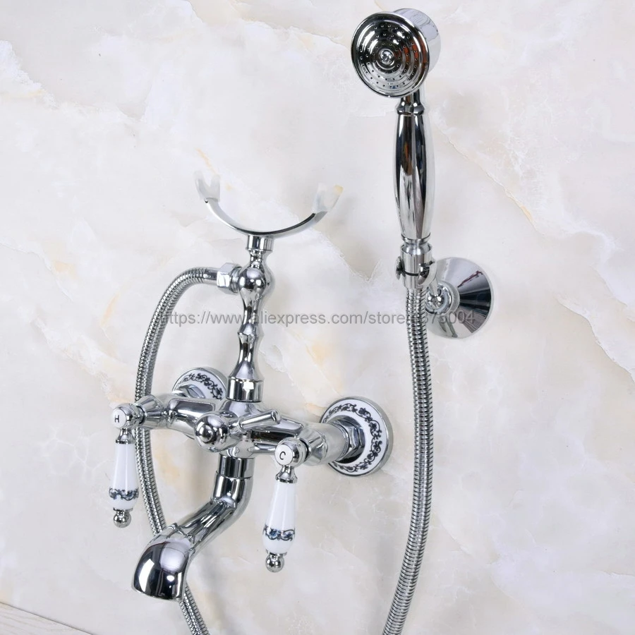 Wall Mount Polished Chrome Bathtub Tub Mixers Two Ceramic Handles Bathroom Bath Shower Faucet with Handshower Nna241