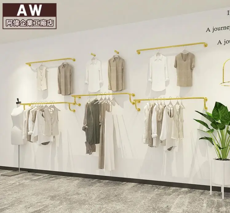 Women's clothing store hanger rack display rack, wall hanging side hanger stainless steel golden tube hanger image 3