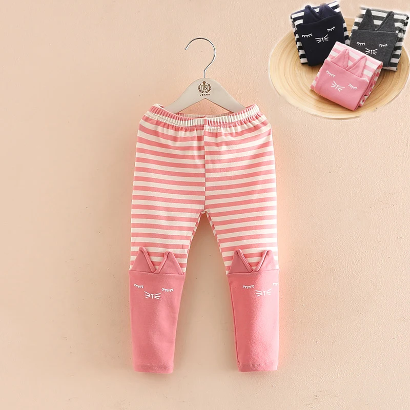 Spring Autumn New 2 8 10 Years 90 130 140 cm Children Navy Blue Gray Cotton Stripe Cartoon Cat Baby Kids Girl Leggings