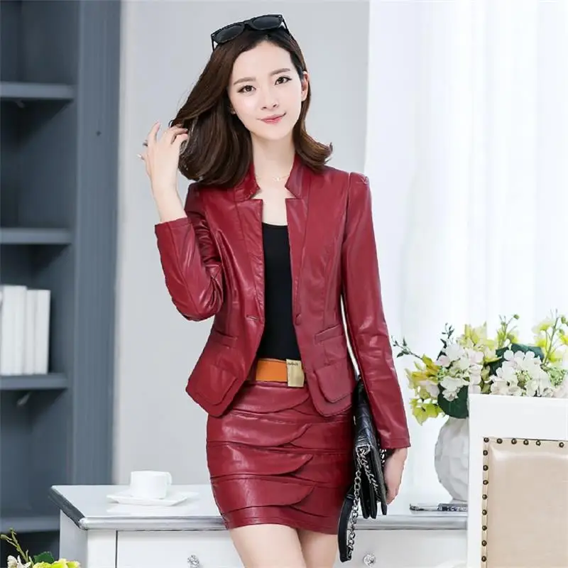 Spring new Korean female short paragraph Slim leather jacket women\'s PU leather jacket Women\'s skirt   TB141