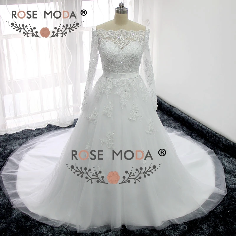 Rose Moda Off Shoulder Long Sleeves Lace Wedding Dress with Removable Bow Real Photos Custom Make