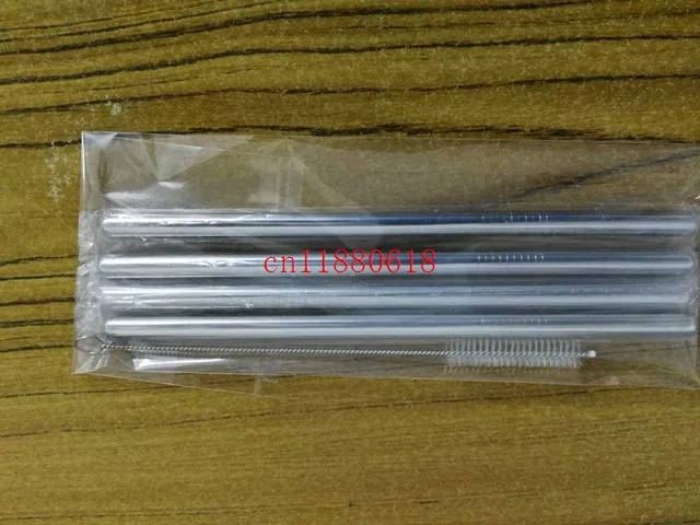 

100Sets/lot 4pcs 9.5*215mm High quality Straight and Bend 304 stainless steel drinking straw With 1pcs straw brush