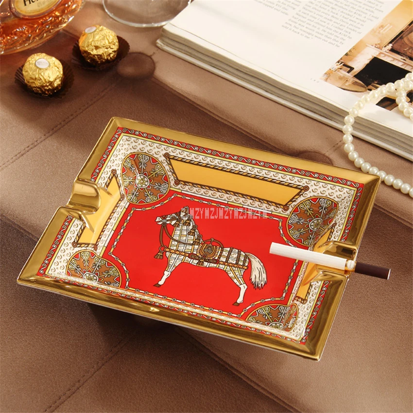 

Luxury Porcelain Ceramic Cigar Ashtray Red Color Gold Edge Rectanglar Shape Horse Pattern Desktop Ashtray Business Gif