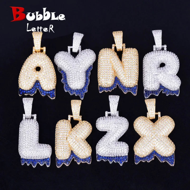 Single Blue Color Dripping Bubble Letters Necklaces & Pendant For Men Women Gold Color Cubic Zircon Hip Hop Jewelry