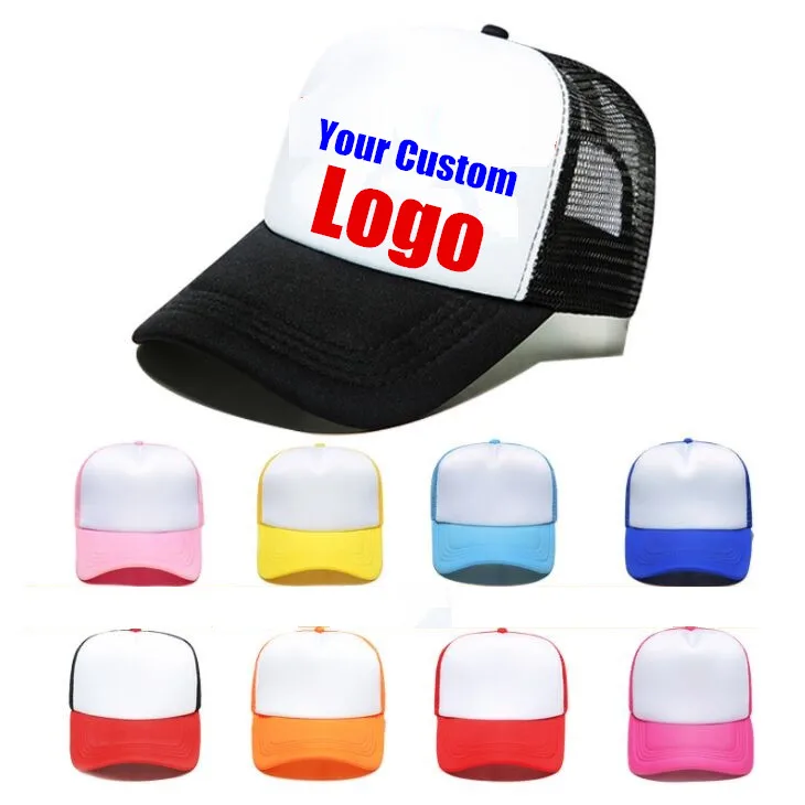 50pcs/lot Wholesale DIY Custom Logo Trucker Hat Mesh Caps Multi color Polyester Baseball Caps Snapback Gorros