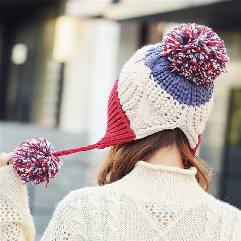 BomHCS Winter Handmade Knitted Stitching Color Beanie Hat Women Earflaps Caps