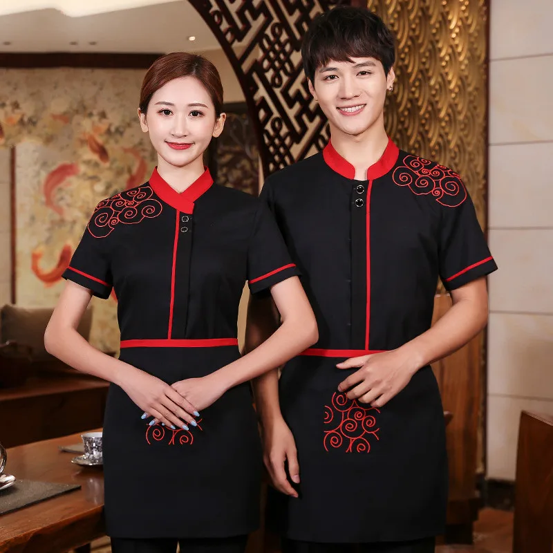 Hotel Restaurant Waiter Overalls Short Sleeve Chinese Catering Waiter Uniform Tea House Waitress Uniform Food Service Outfit 90