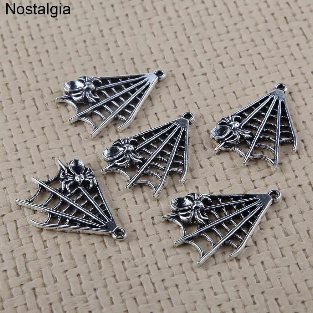 Nostalgia 10Pcs Spider Charm Insect Tibetan Silver Cobweb Pendants For Bracelet Making 28*20MM