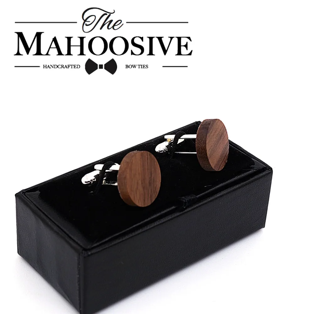 MAHOOSIVE Wooden Cufflinks France Wedding Groom Round Black Walnut Cufflinks For Mens shirt accessories Cuff Links men jewelry