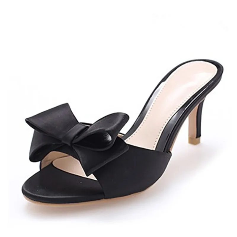 Manis Mule Wanita Slippe Sutra Simpul Mules Slip-On Kitten Heels Sandal Satin Dress Outdoor Kasual Sandal Sepatu femme