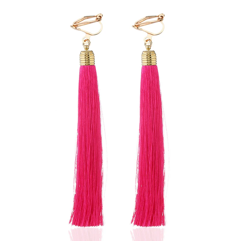 12cm&5.1\'\' Long Tassel Fiber Clip on Earrings No Pierced for Women Party Fashion Bohemia Bridal Wedding  Ear Clip Anti-allergy