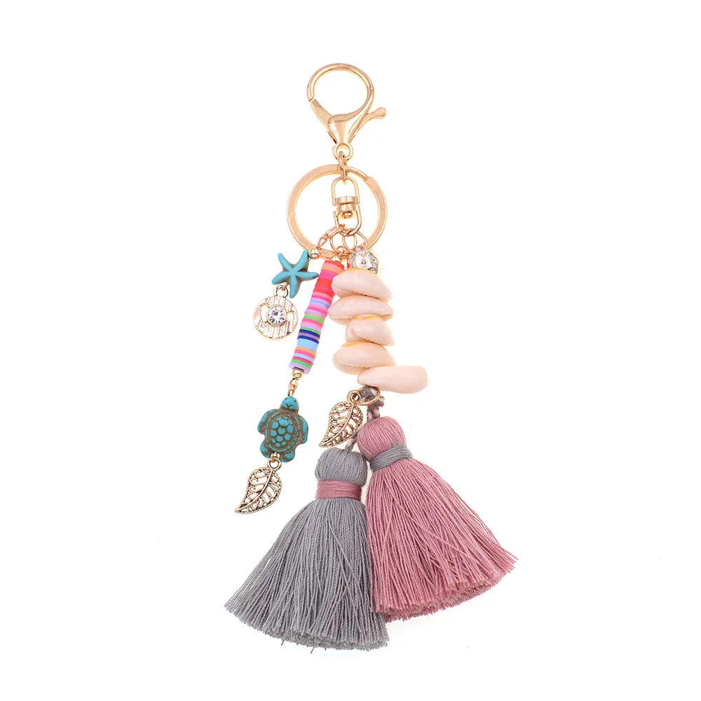 WELLMORE BOHO style keychain shandmade shell with long tassel alloy Key Chain For Women Girl Bag Keychain