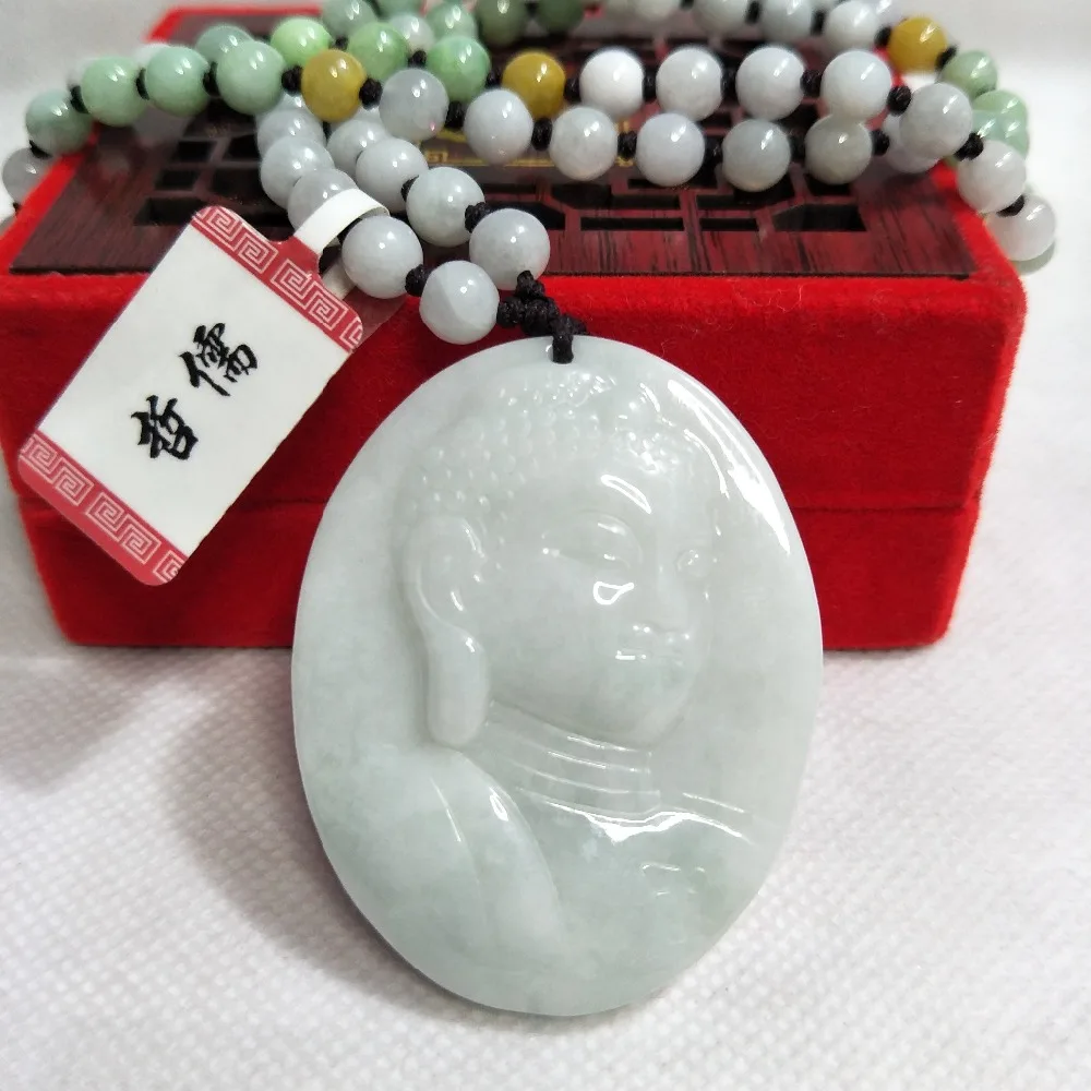 Zheru Jewelry Pure Natural Jadeite Light Green Buddha's Pendant Tricolor Jadeite Necklace Necklace A Class A National Certificat