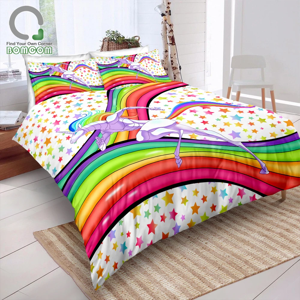 BOMCOM 3D Digital Printing Bedding Set Unicorn run on Rainbow 3-Piece Duvet Cover Sets 100% Microfiber