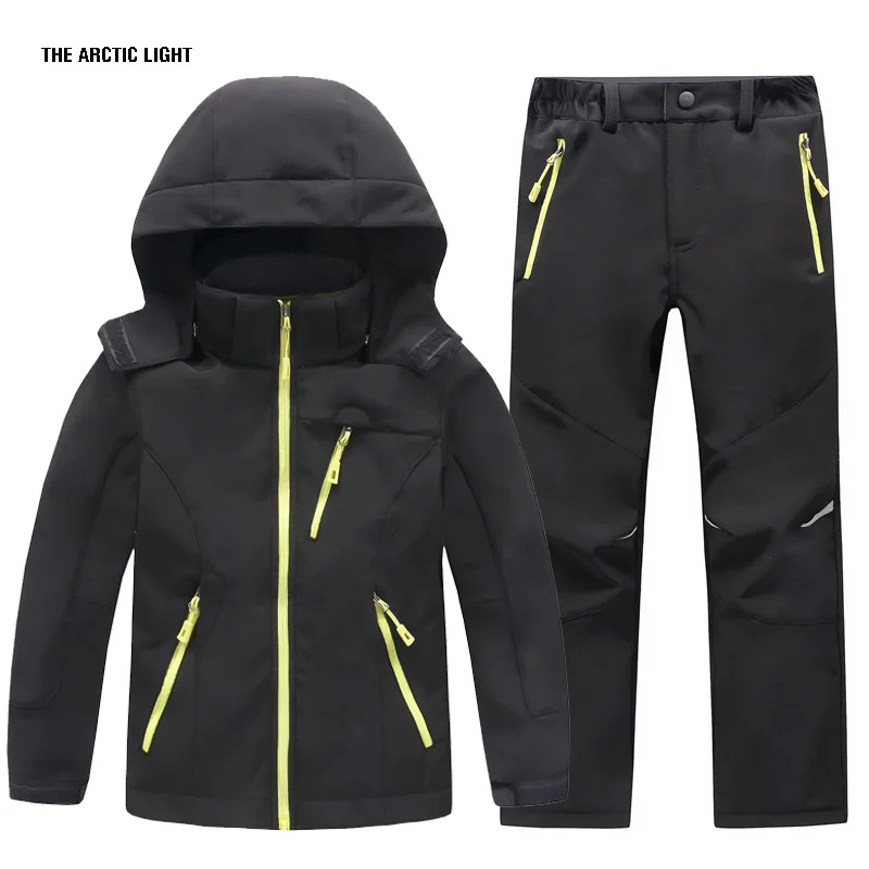 TRVLWEGO Herbst Kinder Camping Wandern Mantel Und Hose Set Kapuze Winter Student Winddicht Wasserdichte Outdoor Ski Jacke Hosen – Detail 15