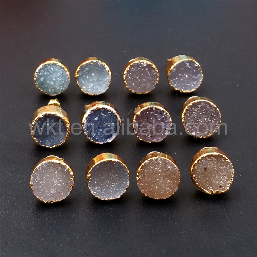 WT-E271 Natural Druzy Agate Stone Round Shape Gold Plated  Earrings  For Friends Jewelry Gift