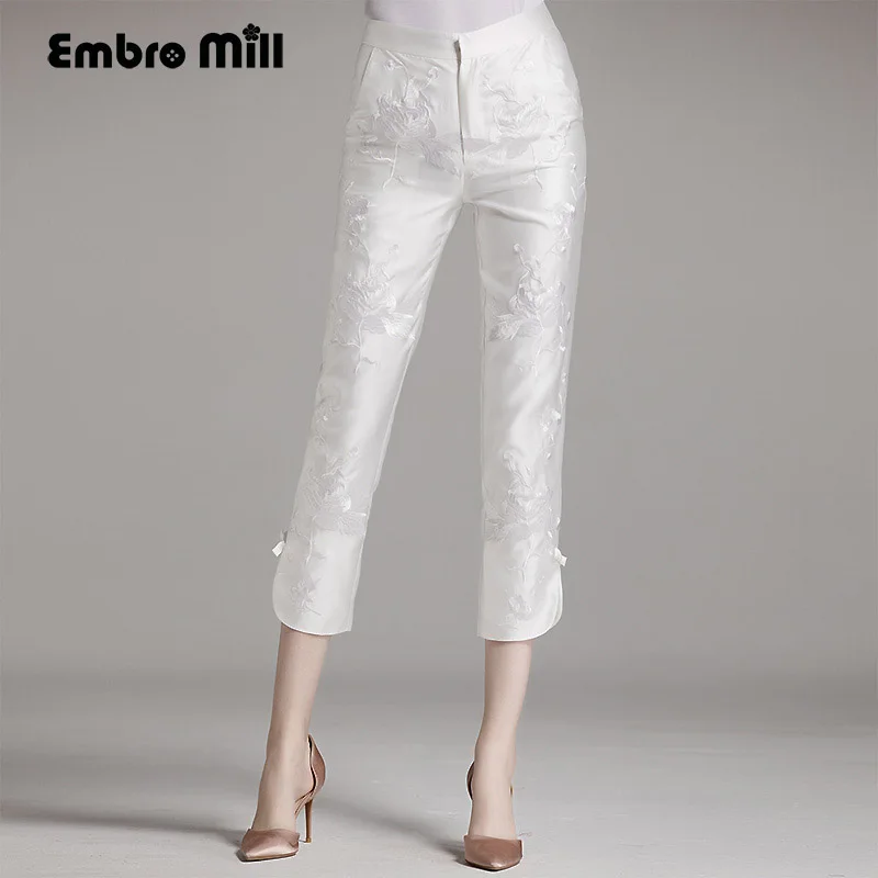 Embro Mill High-end women floral slim pants vintage royal embroidery lady beautiful spring autumn trousers female S-XXL