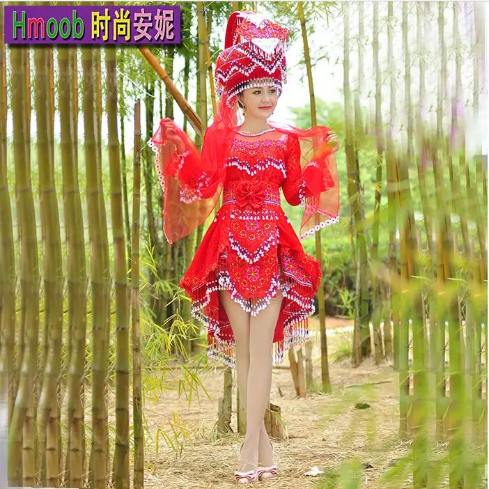 Chinese Ethnic Tailored Luxury Wedding Dress Hmong Women Miao Splendid Attire Include Hat Stage Beading