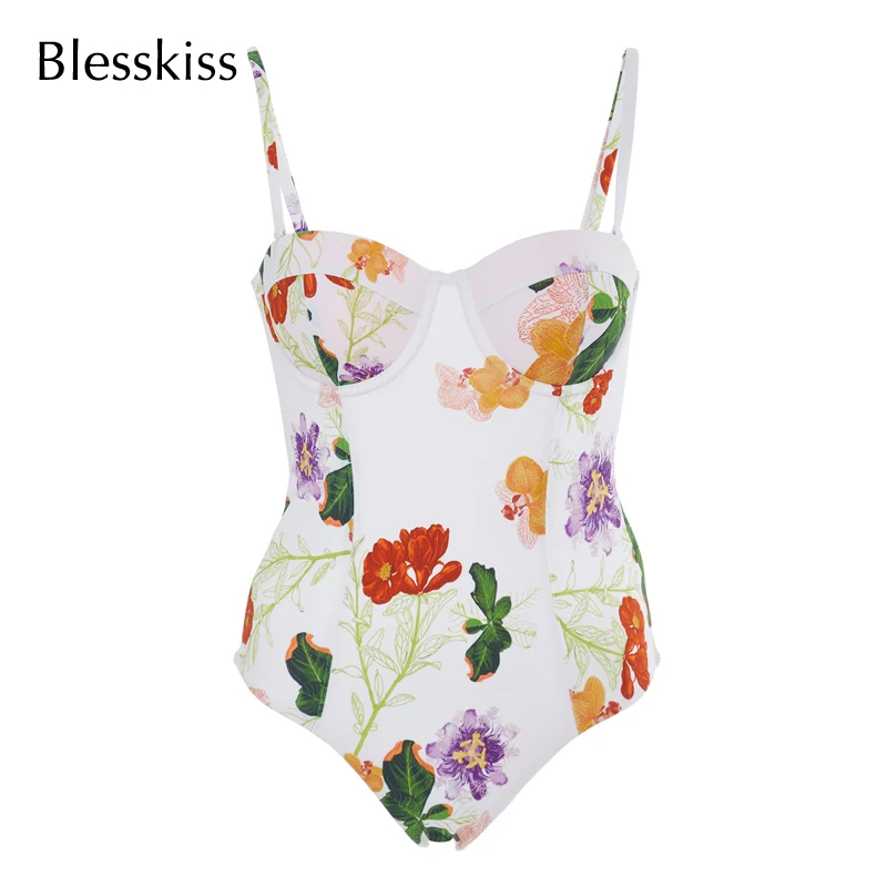 Blesskiss Sexy One Piece Swimsuit Push Up Women 2021 Hot Back Mesh Printed Floral Swimwear For Ladies Swimming Suit Bathing Wear