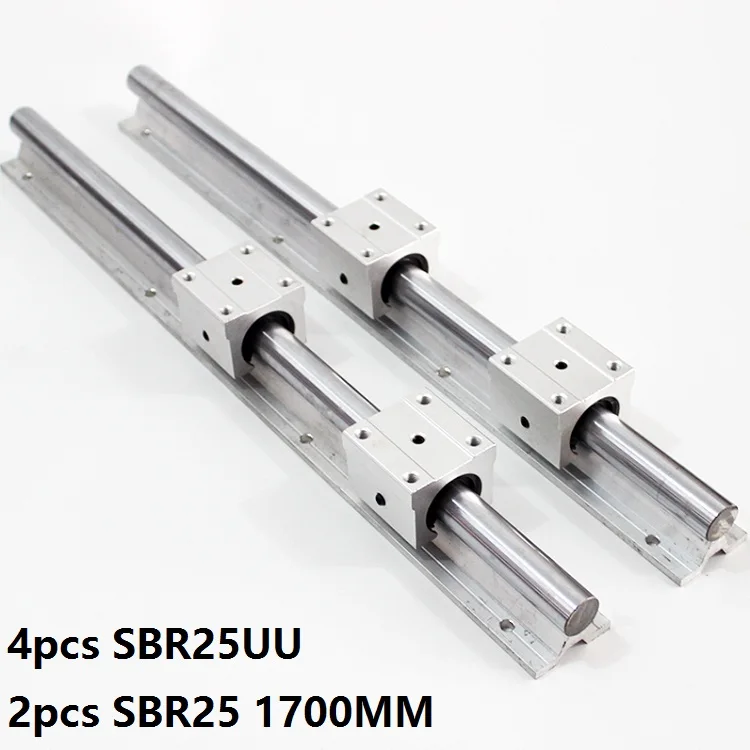 2pcs SBR25 25mm -L 1700mm support rail linear guide + 4pcs SBR25UU linear bearing blocks CNC parts linear rail